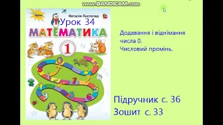 Математика 1 клас Урок 34 с 36 Листопад Додавання і віднімання числа 0 Числовий промінь