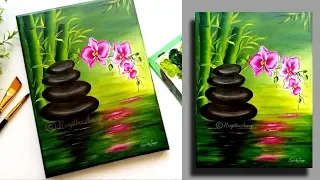 Step by Step acrylic painting on canvas for beginners | Bamboo and Orchids | Reflections