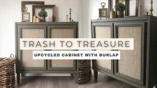 Cabinet Upcycle with BURLAP! | TRASH TO TREASURE | Radio Weave Cane Alternative?