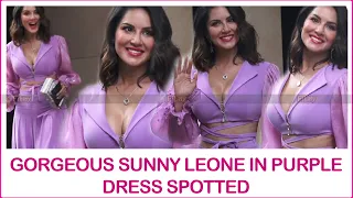 Gorgeous Sunny Leone In Purple Dress Spotted At Aromas Café Juhu .