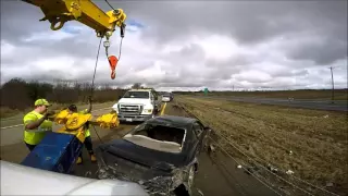 Midwest Truck Rotator job..Car tangled in guard cables 3 13 2016