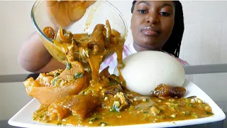 NIGERIAN FOOD MUKBANG OGBONO OKRO SOUP WITH KPOMO, COW FOOT AND POUNDO FUFU.