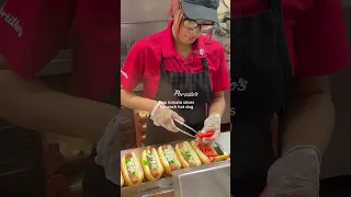 She made them so fast 🤯 would you try them? #hotdogs #portillos #foodprep #chicagohotdog #fastfood