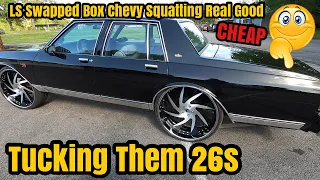 How To Squat & Lift A Box Chevy Caprice On 26s 28s - Tucking / Squatting For No Rub On 26" Wheels
