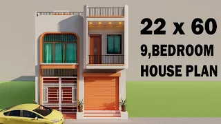 Car parking 9 Bedroom house plan,22 by 60 dukan or makan ka naksha,new 3D ghar ka naksha,3D map