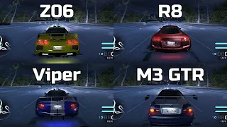 Corvette Z06 vs Le Mans Quattro vs Viper SRT-10 vs M3 GTR - Need for Speed Carbon (Drag Race)