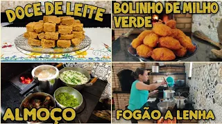 BOLINHO DE MILHO VERDE/DOCE DE LEITE EM PEDAÇO/ALMOÇO NO FOGÃO A LENHA/NOSSO DIA NO CAMPO.