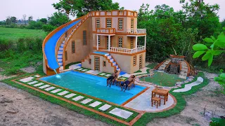 Building Creative Modern Water Slide Park To Pool & Swimming Pool With Aquarium Waterfall