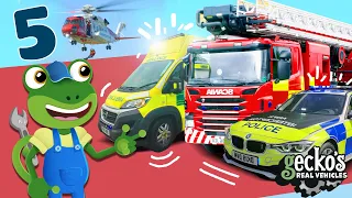 Gecko's Top 5 Emergency Vehicles｜Trucks For Kids｜Gecko's Real Vehicles｜Learning & Educational Videos