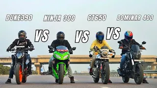 2024 Ktm Duke 390 vs Kawasaki Ninja 300 vs Continental gt 650 vs Bajaj Dominar 400 Quad Battle
