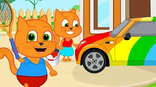 Cats Family in English - Original Coloring Of The Car Cartoon for Kids