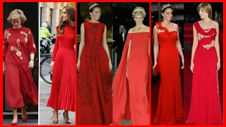 Princess of wales Kate Middleton's and Diana looked beautiful in red Long maxi dresses