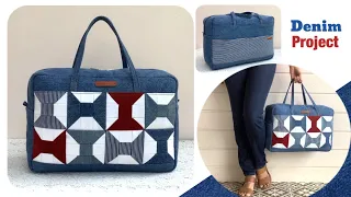 how to sew a denim travel bag from old jeans , diy travel bag tutorial , diy sewing denim patchwork