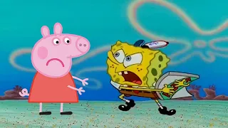 Peppa Pig trying to get a pizza from Spongebob