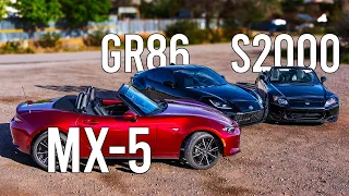 2024 Mazda Miata ND3 vs 2023 Toyota GR86 vs 2006 Honda S2000 AP2 | Lightweight Sports Car Comparison