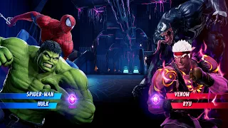 Spiderman & Green Hulk vs Venom & Evil Ryu (Very Hard) - Marvel vs Capcom | 4K UHD Gameplay