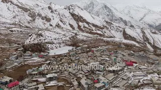 Nako Village and Lake in Kinnaur District: Aerial view of Spiti in winter frosty chill