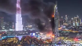 New Year with Huge Fire at The Address Downtown Dubai Luxury Hotel timelapse