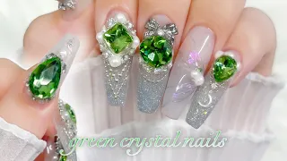 Green crystal and drape ribbon nails☘️🧚tip extension/self nail/nail art/nail work sound tutorial💅🏻🎧