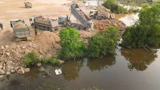 Incredibly Stone Filling Up Project By Good Technique Of KOMATSU DOZERS D68E With Dump Trucks