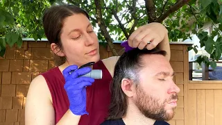 [ASMR Outside] Real Person Scalp and Skin Check Exam with Light, Magnifier and Brushing
