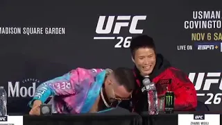 Zhang Weili calls Colby "Handsome" and hugs him at UFC268 press conference