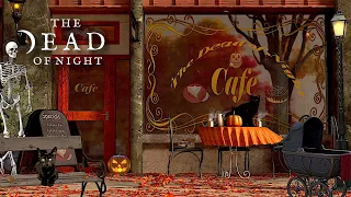 Halloween Cafe Ambience ☕🍂🎃  | Autumn Sounds with Rain & Thunder Weather Cycle, Falling Leaves +more