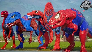 ALL RED SPIDER-MAN Dinosaurs in Jurassic World |SuperHero Dinosaur Battle Video|