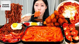 ASMR MUKBANG| Fire Spicy Rosé Tteokbokki, Black bean Noodles, Cheese Kimbap, Boneless Chicken.