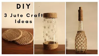 DIY 3 Craft Ideas with Jute rope / Twine |  Coasters | Upcycled glass Jars Bottles | Home Decor Boho