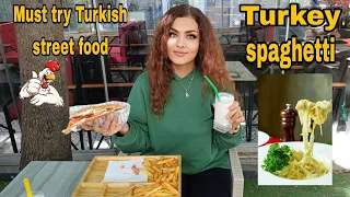Turkish street food-walk with me-The best spaghetti-Make me a sandwich🤤🍝🥪