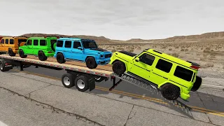 Flatbed Trailer Mercedes G Class Cars Transportation with Truck - Pothole vs Car #007 - BeamNG.Drive