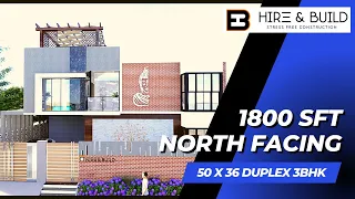 50x36 feet duplex villa with beautiful courtyard house design | 1800 sq ft north facing house plans