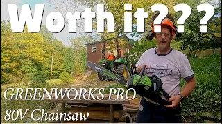 REVIEW: Greenworks Pro 80V Chainsaw 18-Inch Brushless Cordless ,  GCS80450 and GCS80421