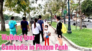 Walking tour around Wat Botum park in Phnom Penh city, Cambodia