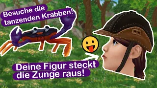 Tanzende Krabben 🦀, deine Figur streckt dir die Zunge raus 😜 und Ydris 🔮