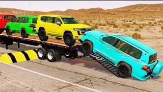 Flatbed Trailer Toyota LC Cars Transportation with Truck 🚛  - Pothole vs Car|| Beamng drive