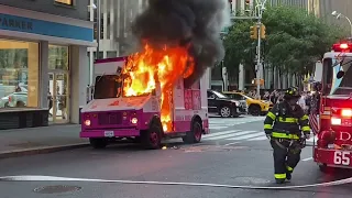 On Scene: FDNY Engine 65 and Ladder 4 Extinguish Ice Cream Truck Fire in Midtown Manhattan, NYC