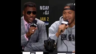 Francis Ngannou and Cyril Gane discussing if Ngannou knocked Gane in the footage....