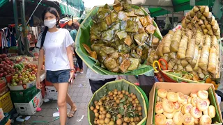 Plenty of Fresh fruit, Vegetable & food Cambodian Market - Daily Lifestyle activities Khmer People
