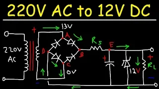 220V AC to 12V DC Converter Power Supply Using Diodes, Capacitors, Resistors, & Transformers