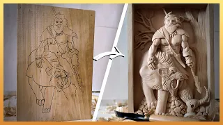 Wood carving process. Time lapse.