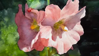 Watercolor painting of hollyhock flowers