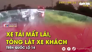 Xe tải mất lái, tông lật xe khách trên quốc lộ 14