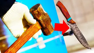 Damascus knife make out of old hammer