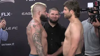 Khabib Nurmagomedov laughs during heated Gabriel Checco VS Andrew Sanchez faceoff Eagle FC 47