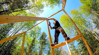 Строим ДОМ A-FRAME (шалаш) в ДВА ЭТАЖА — ВОЛКИ рядом | ЗАИМКА В ЛЕСУ