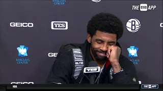 Kyrie Irving sits down with the media following the Nets' 109-128 loss to the Portland Trail Blazers