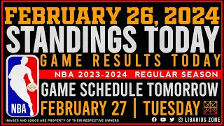 NBA STANDINGS TODAY as of FEBRUARY 26, 2024 |  GAME RESULTS TODAY | GAMES TOMORROW | FEB. 27 | TUE