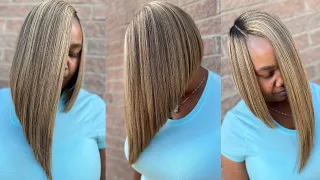 Invisible part Quickweave Asymmetrical Bob Cut | Ash Blonde & Chocolate Highlights